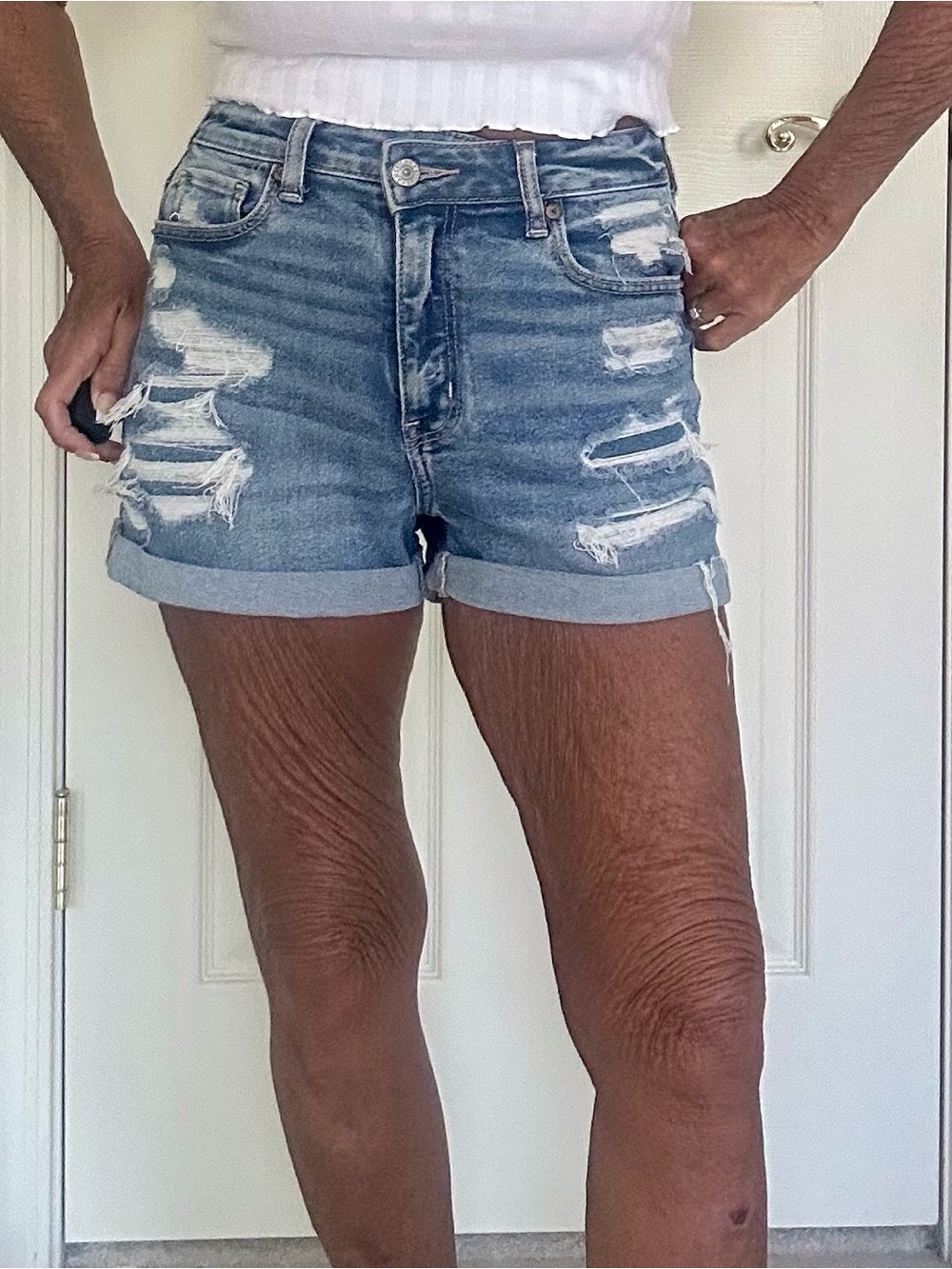American Eagle Outfitters Distressed Rolled Hem Denim Shorts - Mom Short